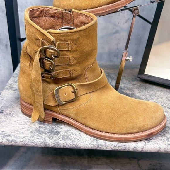 FRYE | Veronica Buckle Strap Suede Short Ankle Biker Moto Boots in ‘Brandy’ - Picture 7 of 13